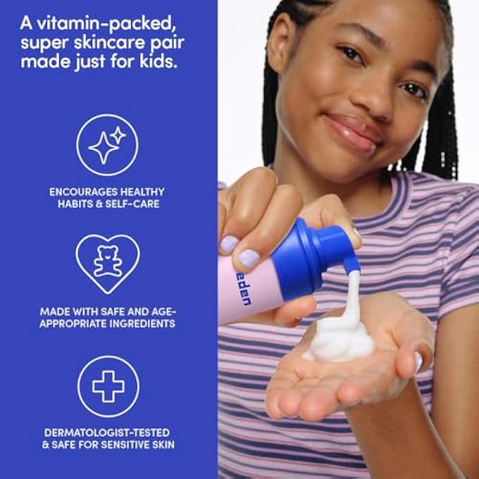 Evereden مجموعة وجه الأطفال السعيدة (خوخ بارد) - مجموعة غسول الوجه وكريم الوجه متعدد الفيتامينات - عناية بالبشرة نظيفة ونباتية للأطفال 3+ - مجموعة عناية بالبشرة مرطبة ومغذية وواقية - Image 4